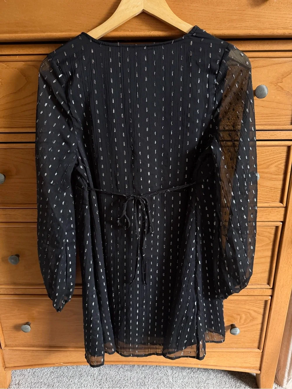 Babydoll V-Neck Womens Black Mini Dress With Silver Polka Dots Size S Tie Back